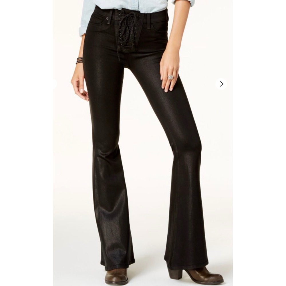 Hudson Bullocks High Rise Lace Up Flare Jeans Coated Black Size 24